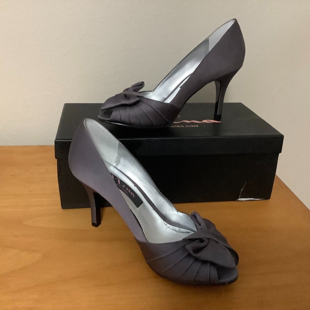 Nina Forbes Satin Peep Toe Shoes, Steel Luster, Size 5